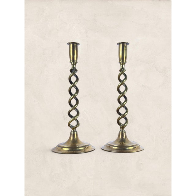 English Antique English Pair of Large Brass Twist Candlesticks For Sale - Image 3 of 7
