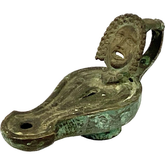 Metal Roman Bronze Oil Lamp With Theatrical Mask Handle For Sale - Image 7 of 7