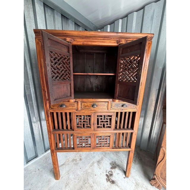 Chinese Antique Chinese Kitchen Cabinet, Late 19th Century, Intricate Latticework For Sale - Image 3 of 8