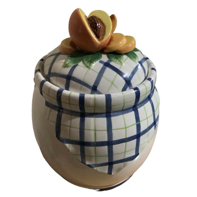 Vintage Bella Casa by Ganz Trompe L’Oeil Blue and White Plaid Peach 3D Fruit Kitchen Cookie Jar Canister Peaches