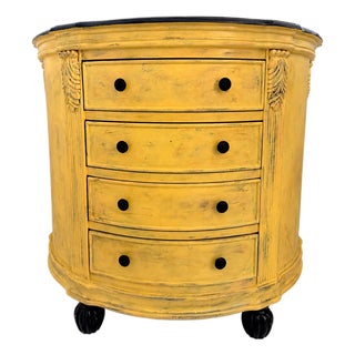 Vintage French Provincial Serpentine Dresser – Hand‑Painted Yellow Chest With Black Granite Top – Curved Front, Distressed Finish For Sale