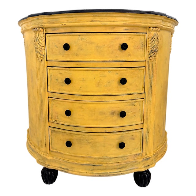 Vintage French Provincial Serpentine Dresser – Hand‑Painted Yellow Chest With Black Granite Top – Curved Front, Distressed Finish For Sale