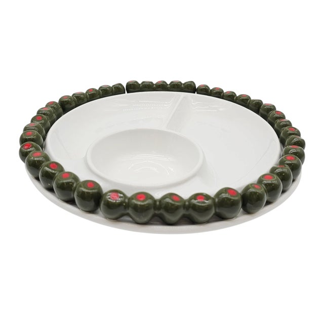 Late 20th Century Mid-Century Modern Olive Motif Appetizer Tray by Sur La Table – Portugal Sectioned 14" Ceramic For Sale - Image 5 of 11