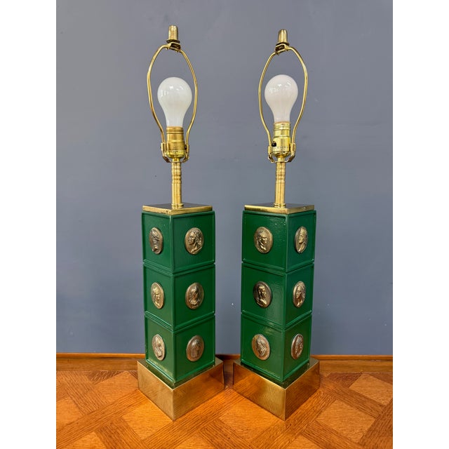1970s Neoclassical Style Green Column Lamps With Brass Medallions W/Brass Base - a Pair For Sale - Image 10 of 11