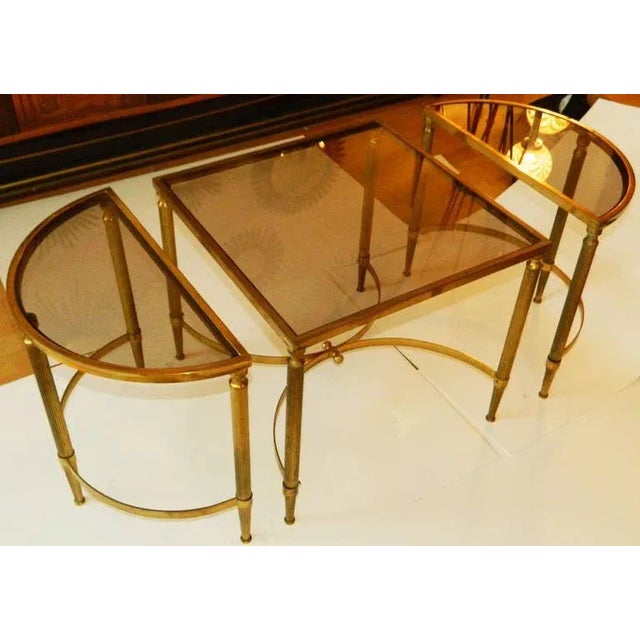 Mid-Century Modern 1960 Maison Lancel three parts Brass coffee table, original patina, new glass. Consisting out of 2...