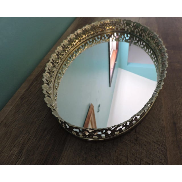 Vintage Metal Filigree Large Oval Mirror Vanity Tray Brass Finish For Sale - Image 13 of 18