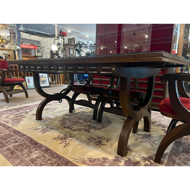 Custom Vintage 1960s Mid Century Modern Marlau of Madrid Glass Top Dining Table With 6 Red Velvet Curule Style Dining Chairs For Sale - Image 10 of 12