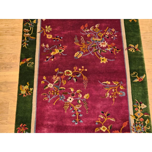 Vintage Chinese Art Deco Area Rug, Handwoven Wool Pile, Floral Design, 4' x 6' For Sale - Image 11 of 18