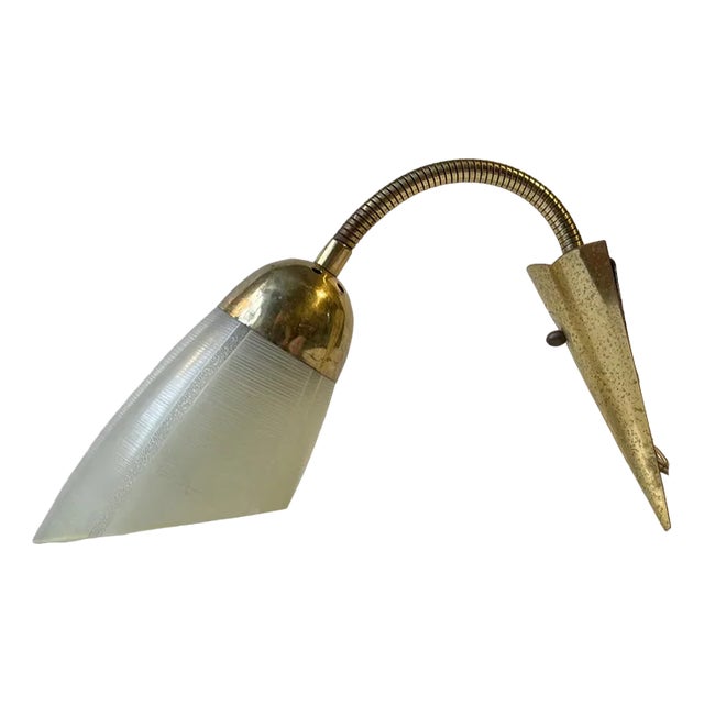 Scandinavian Modern Brass and Striped Glass Wall Sconce, 1950s For Sale