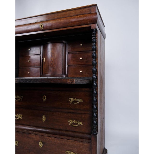 Secretary with 4 Drawers in Polished Oak and Green Felt Cloth with Brass Handles For Sale - Image 4 of 14