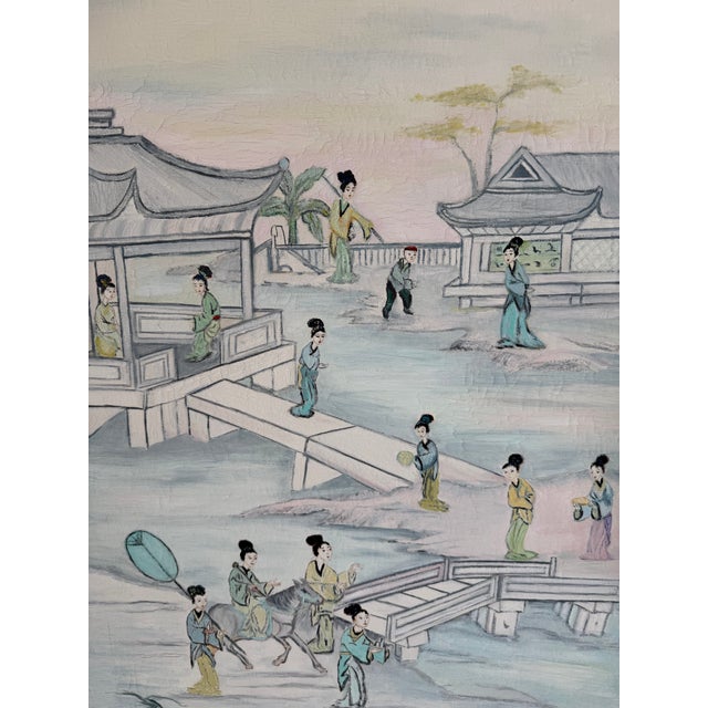 1970’s Mary Rohloff Figurative Asian Landscape Scene Acrylic on Canvas Paintings – A Pair For Sale - Image 4 of 12