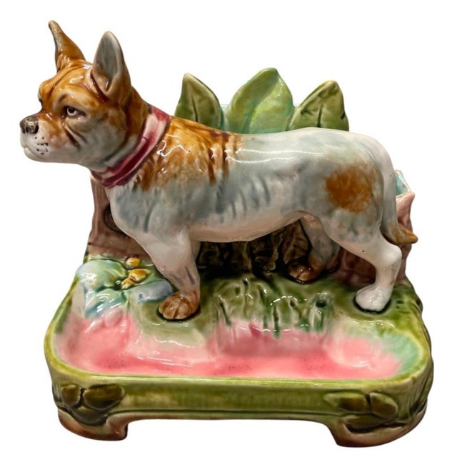 Vintage French Majolica Boxer / French Bulldog Figural Planter & Desk Catchall For Sale - Image 4 of 12