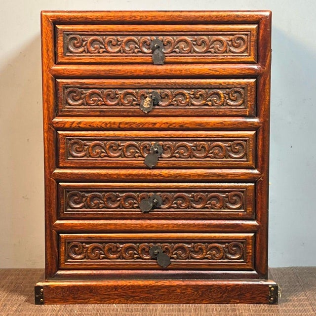 Bronze Vintage Chinese Huali Rosewood Mother-of-Pearl Inlaid 5-Drawer Jewelry Chest For Sale - Image 8 of 9