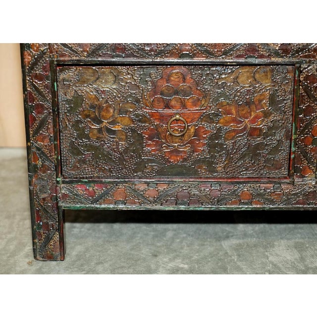 Antique Tibetan Chinese Deer & Flower Polychrome Painted Altar Sideboard For Sale - Image 12 of 18