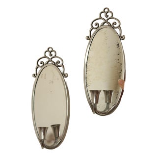 Mid-Century Swedish Pewter Sconces with Mirror by Svenskt - Tenn, Set of 2 For Sale