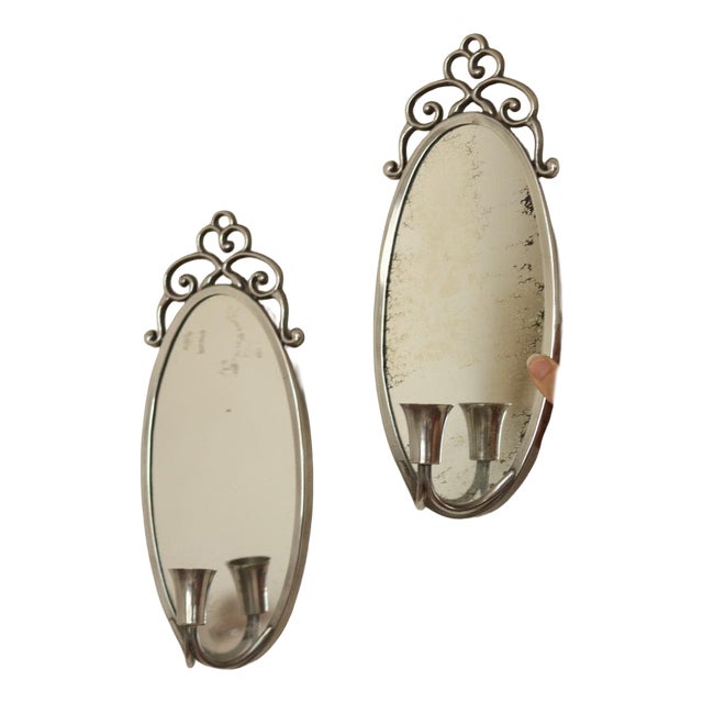 Mid-Century Swedish Pewter Sconces with Mirror by Svenskt - Tenn, Set of 2 For Sale