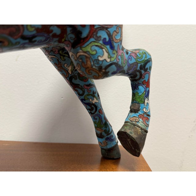 Antique Chinese Cloisonné Prancing Horse Sculpture | Large Republic Period Bronze & Enamel Figurine | Turquoise Scrollwork | 18" Asian Art For Sale In San Francisco - Image 6 of 12