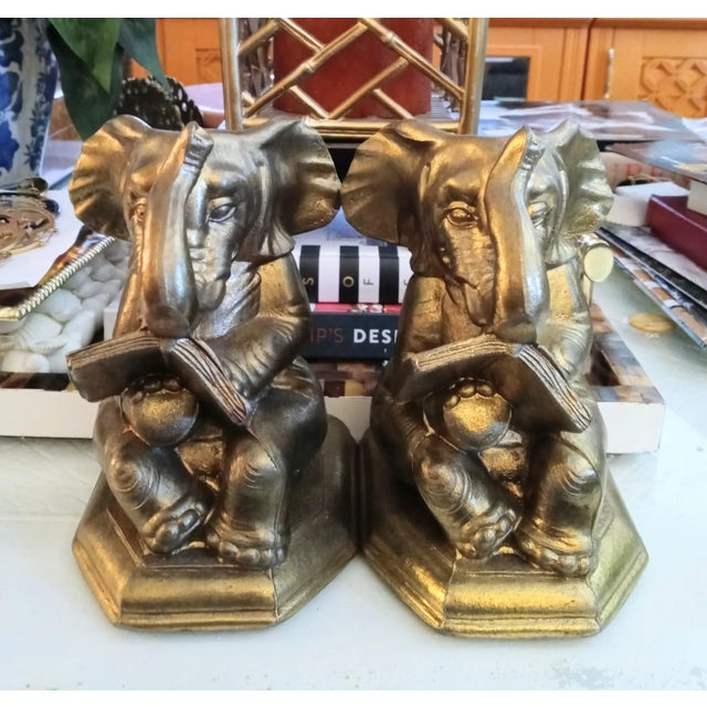 Gold Vintage Elephant Reading a Book Metal Gold Bookends- a Pair For Sale - Image 8 of 8