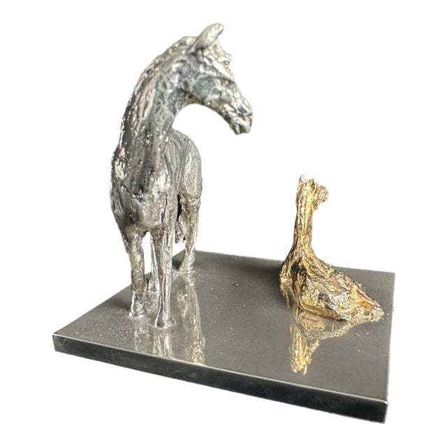 Late 20th Century Silver and Gold-Tone Horse and Foal Figurine on Base For Sale