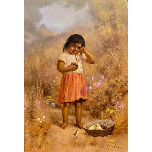 Alice Coutts –Young Native American Pomo Girl W/Her Chicks-19th C. Oil Painting For Sale - Image 4 of 13