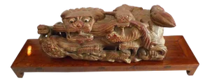 Early 20th Century Chinese Temple Guardian Lion Wooden Sculpture & Table - 2 Pieces