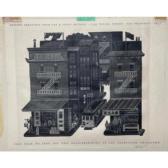 Original 1937 Ray Bethers 'san Francisco's Chinatown' Wood Engraving - Trolley For Sale - Image 4 of 12