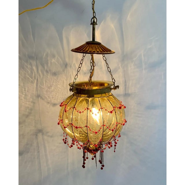 Metal Vintage Caged Glass Brass Pendant Lamp For Sale - Image 7 of 8