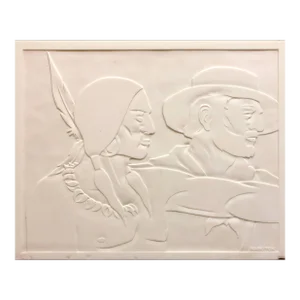 Abraham Harriton Milk Glass Carved Sculpture Panel Cowboy Indian WPA Artist Americana, 1940s