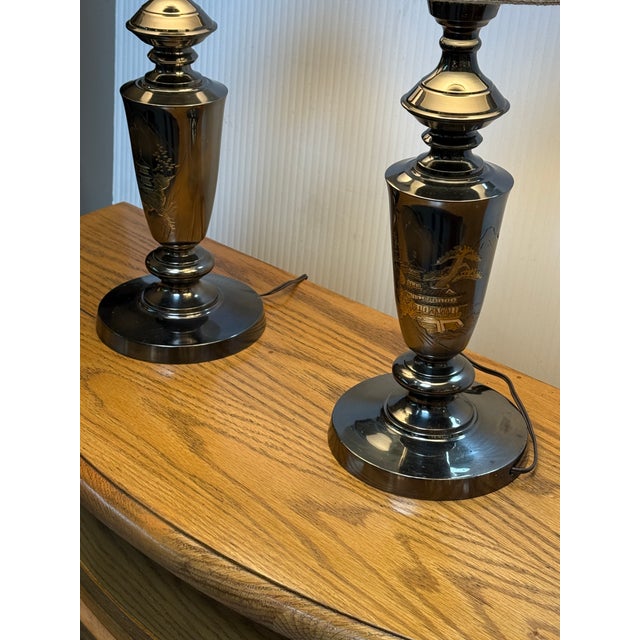 Metal Mid 20th Century Japanese Black Bronze Japanese Etched Table Lamps, Pair For Sale - Image 7 of 12