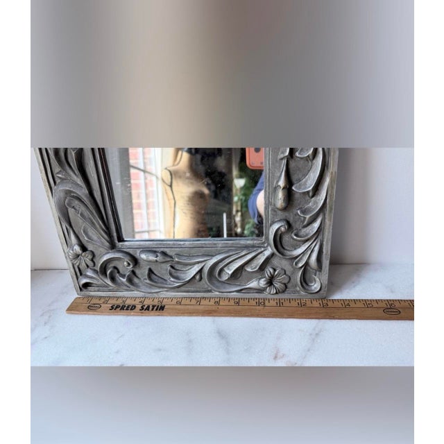 1980s Decorative Floral Carved Square Wall Mirror - Silver Gray For Sale - Image 5 of 8