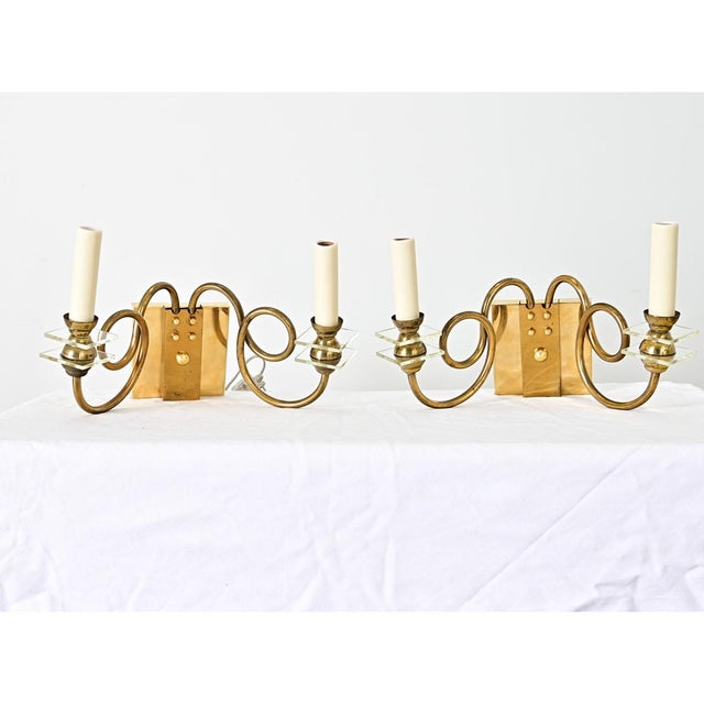 Vintage French Brass & Glass Wall Sconces - A Pair For Sale - Image 11 of 14