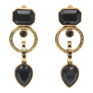 Vintage Black Glass and Gold Plated and Hammered Dangler Clip on Earrings 1980's Pair Of