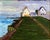 Oil painting on canvas panel of English cottages in the background, alongside the sea with sailboats in the distance,...