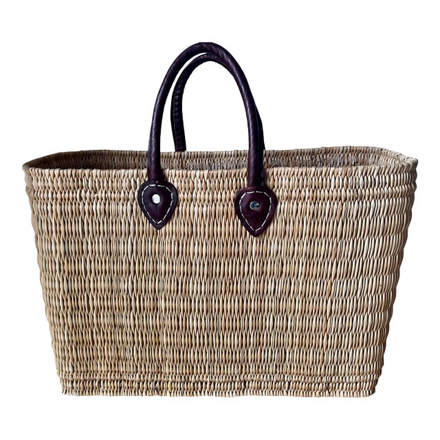 French Straw Market Tote Basket-Leather Handles For Sale