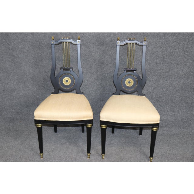 1940s 20th C. Set 12 Jansen Ebonized Louis XVI Style Lyre Back Dining Chairs For Sale - Image 5 of 17