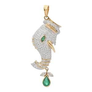 1.1ct Emerald Gemtone & 4ct Diamond Vintage Elephant Pendant in 18k Gold