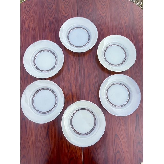 Mid-century, vintage, soup plates by Duralex circa 60s/70s pates are made of tempered glass with a cream and clear colors...