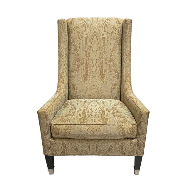 Late 20th Century Late 20th Century Kravet Wingback Tall Chair Upholstered Beige Paisley Jacquard Navarre For Sale - Image 5 of 10