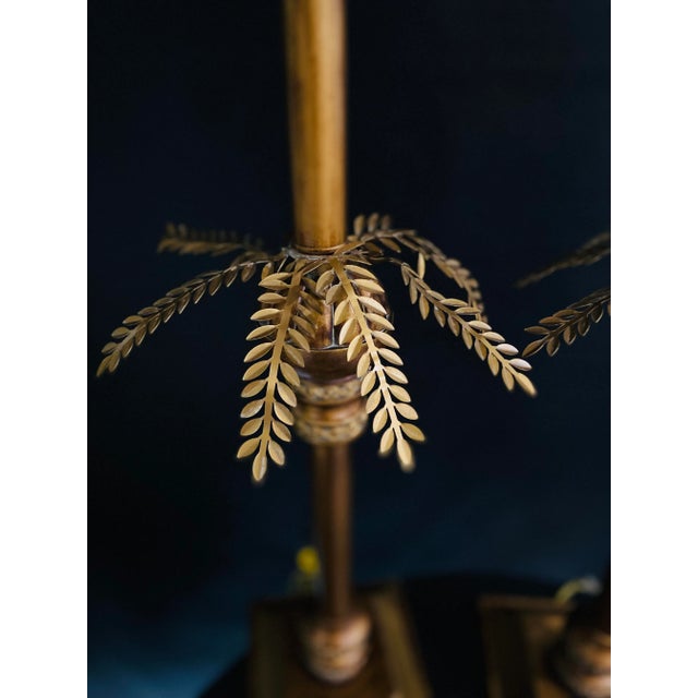 Gold Pair of MidCentury Chinese Gold Tole Palm Tree Table Lamps For Sale - Image 8 of 9