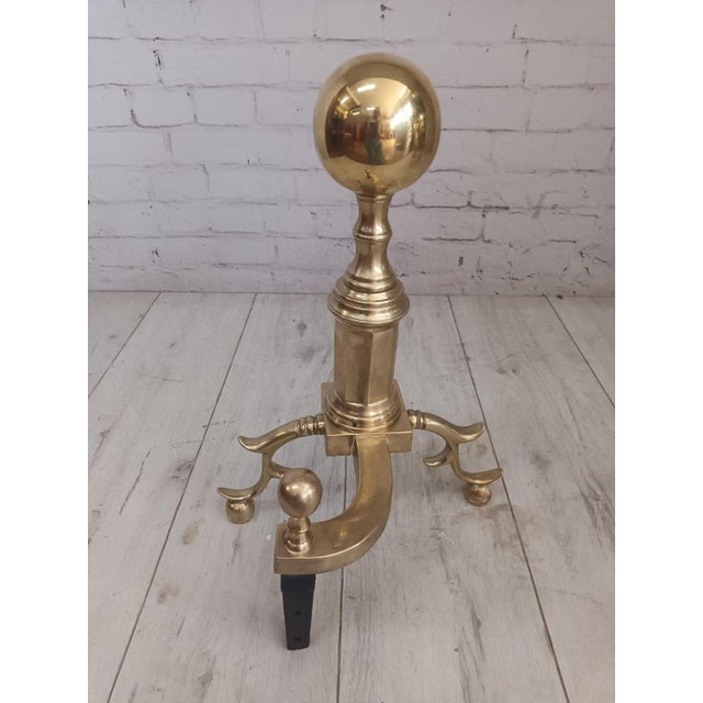 Metal Antique Brass Fire Dogs, Set of 2 For Sale - Image 7 of 14