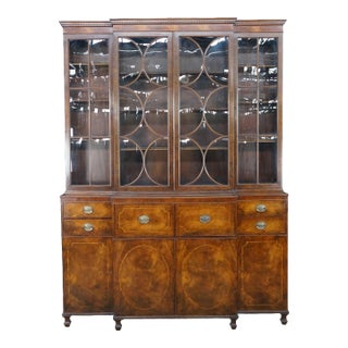 Mid Century Baker Georgian Mahogany Breakfront Bookcase Cabinet Bubble Glass, Attributed For Sale