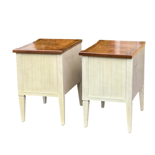 Wood 1970s Vintage American of Martinsville Parquet Top White Nightstands - a Pair For Sale - Image 7 of 13