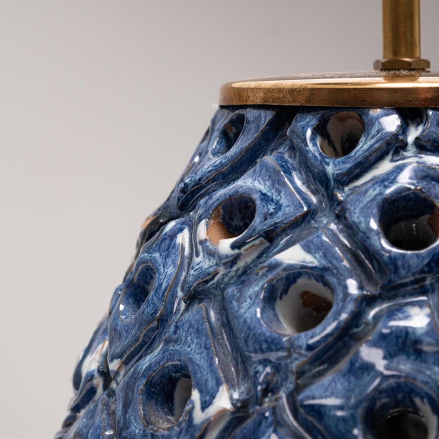Beige Perforated Blue and White Glazed Stoneware Table Lamp, Denmark, 1960s For Sale - Image 8 of 9