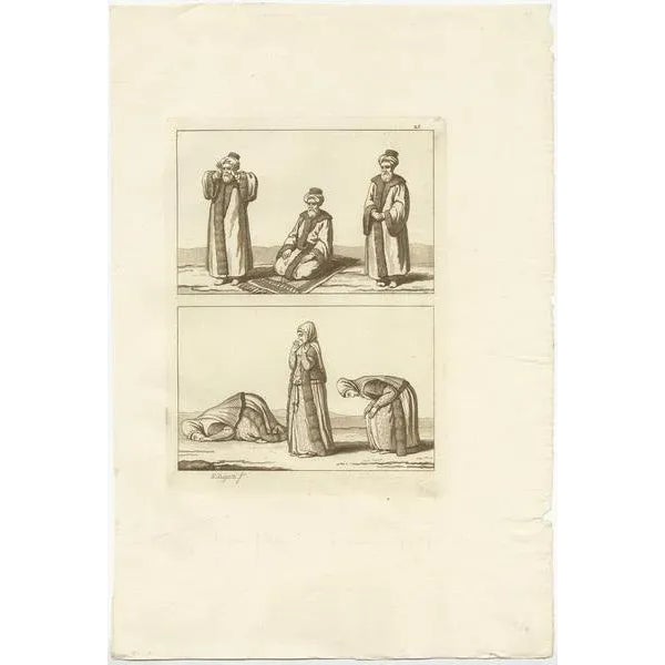 Untitled print depicting arab men and women praying towards mecca. This print originates from 'il costume antico e moderno...