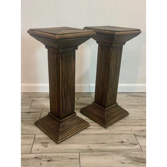 Pair of vintage coastal reed pedestals. Made from dowel cut hardwood. Very well made and sturdy. Clean crisp lines. Would...