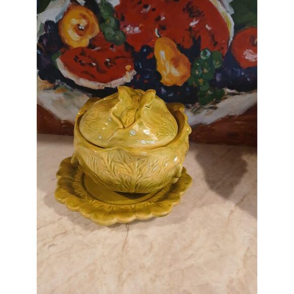 Green 1960s Spring Cabbage Lettuce Turain Serving Bowl W Lid & Plate Green Ceramic Cottage Farm Easter For Sale - Image 8 of 15