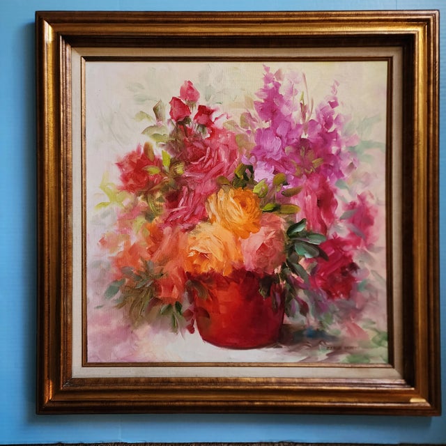 Pink Late 20th Century Impressionist Style Still Life Painting of a Bouquet of Bright Flowers by E. Frost Andrews, Framed For Sale - Image 8 of 8