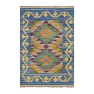Rustic Turkish Kilim Blue Gold Hand-Woven Wool Rug For Sale