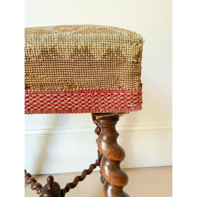 English Antique English Oak Barley Twist Upholstered Footstool For Sale - Image 3 of 6