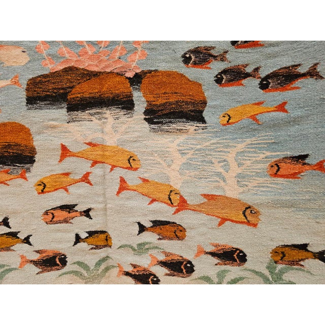 Vintage Hand-Woven Kilim Area Rug, Pictorial Ocean Scene Wall Art, 41” x 55” For Sale - Image 10 of 15